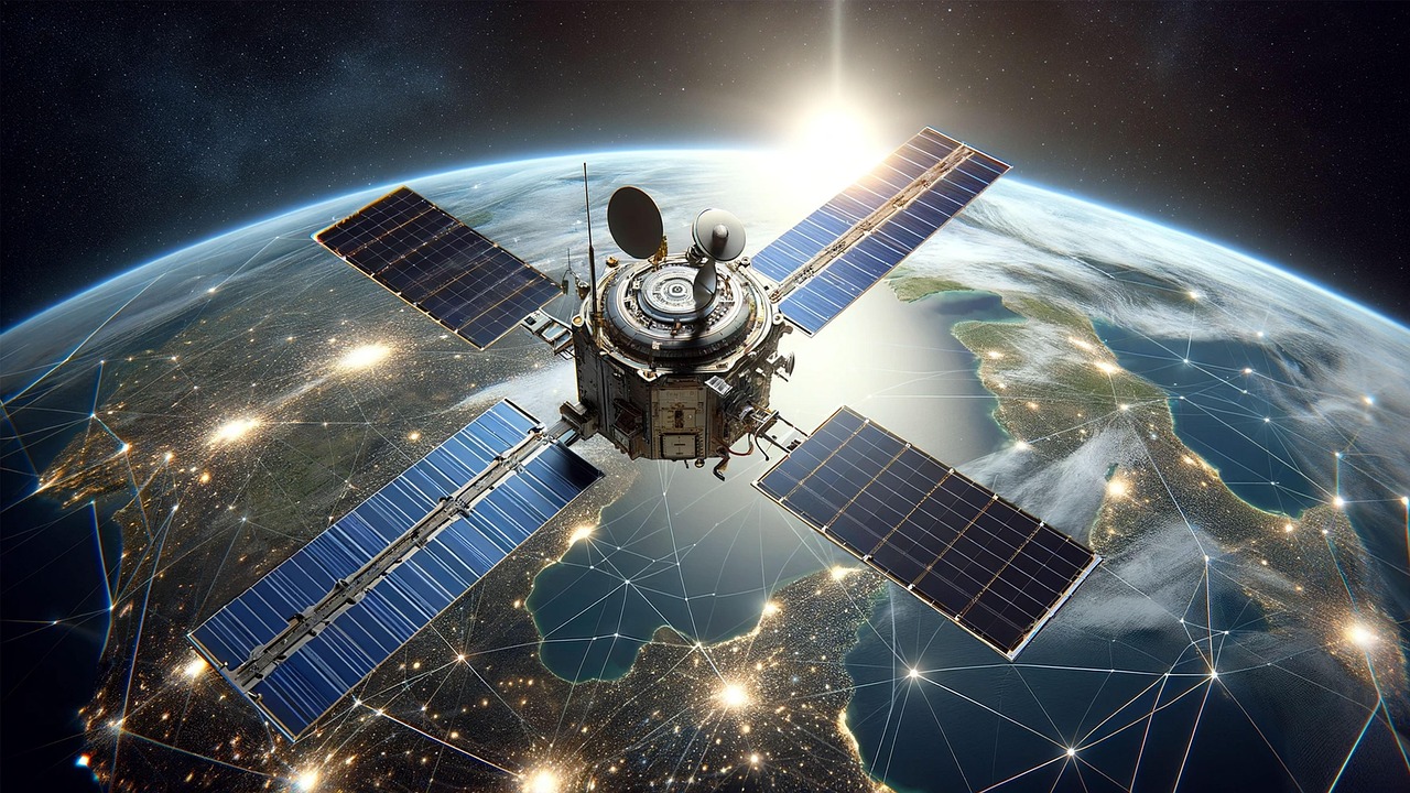 Satellite orbiting Earth with digital network lines